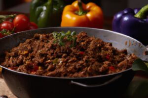 south african mince curry with peppers in the back