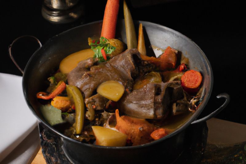 lamb potjie in pot with vegetables